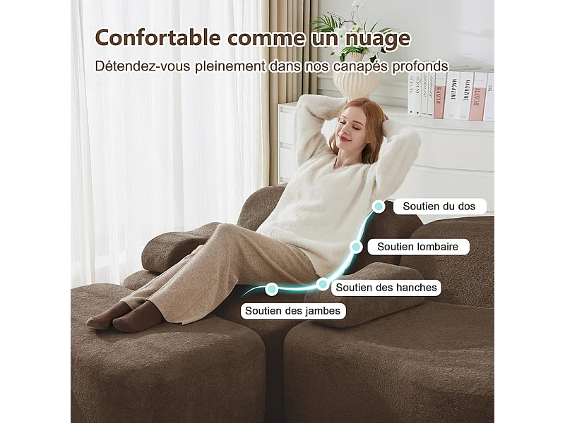 Canapé d'angle modulable en velours, avec pouf et coussin d'accoudoir, 288x167x70cm, Marron