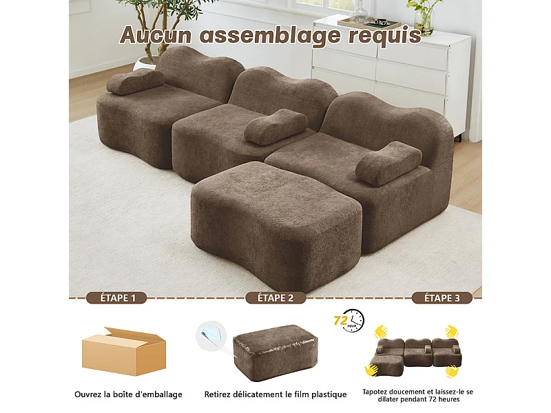 Canapé d'angle modulable en velours, avec pouf et coussin d'accoudoir, 288x167x70cm, Marron
