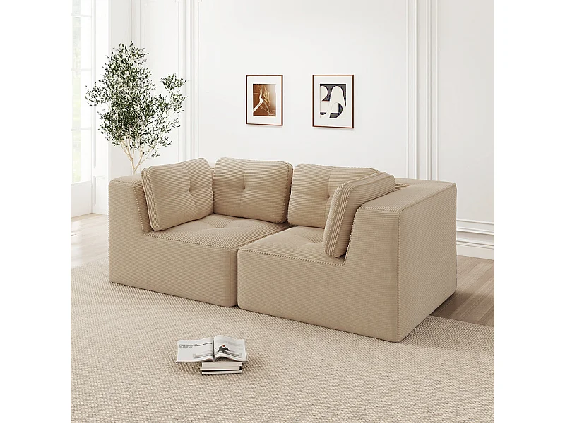 Canapé 2 places modulable en velours côtelé beige - avec 4 coussins - 208x104x69cm