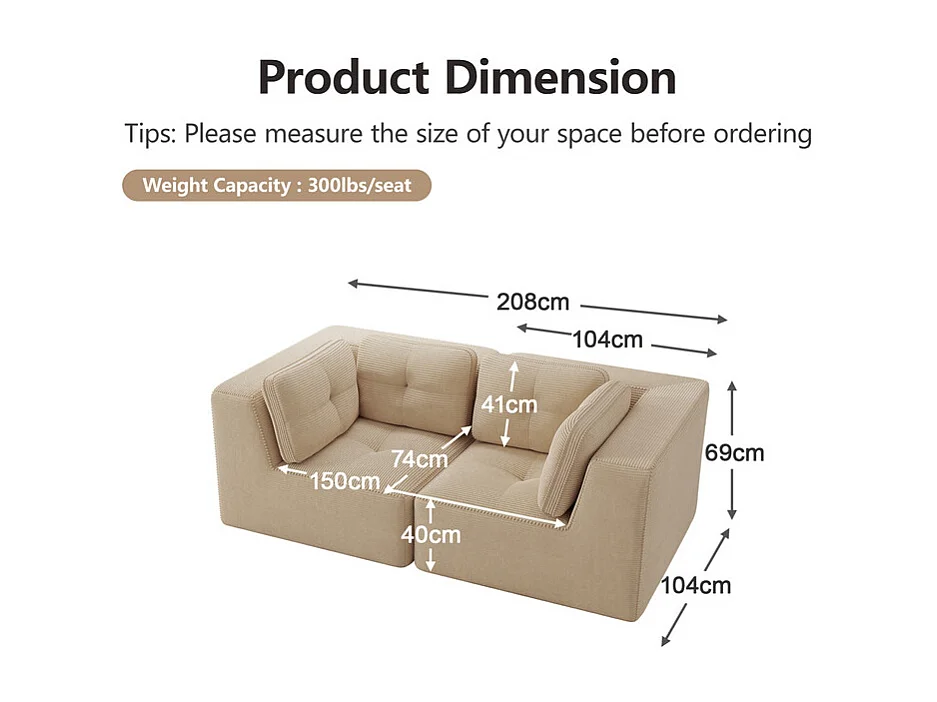 Canapé 2 places modulable en velours côtelé beige - avec 4 coussins - 208x104x69cm