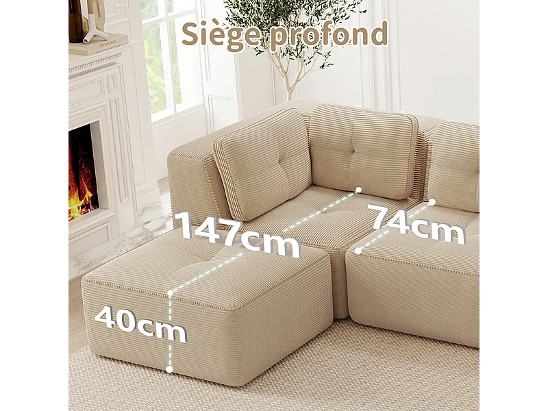 Canapé 2 places modulable en velours côtelé beige - avec 4 coussins - 208x104x69cm