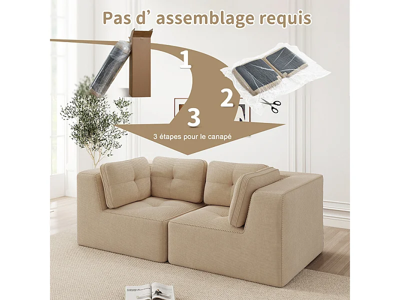 Canapé 2 places modulable en velours côtelé beige - avec 4 coussins - 208x104x69cm