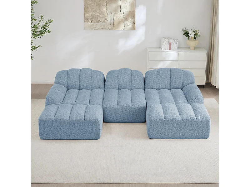 Canapé 3 places d'angle modulable, avec 2 pouf, en velours côtelé, 288x165x79cm, Bleu