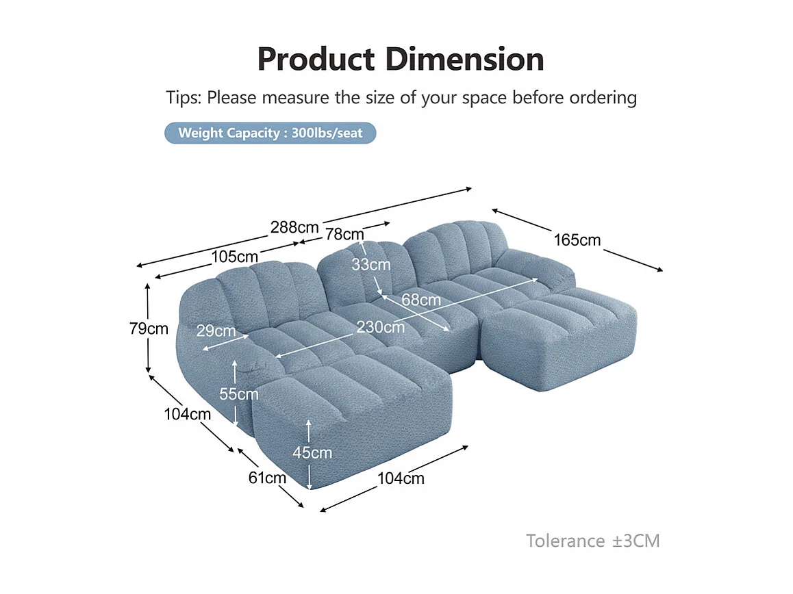 Canapé 3 places d'angle modulable, avec 2 pouf, en velours côtelé, 288x165x79cm, Bleu