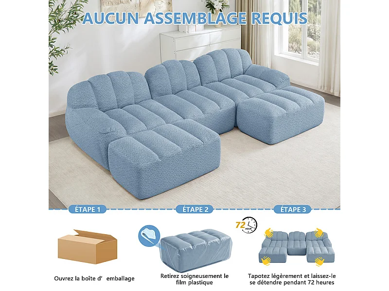 Canapé 3 places d'angle modulable, avec 2 pouf, en velours côtelé, 288x165x79cm, Bleu