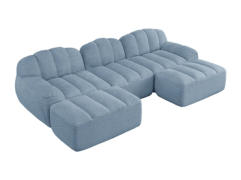 Canapé 3 places d'angle modulable, avec 2 pouf, en velours côtelé, 288x165x79cm, Bleu
