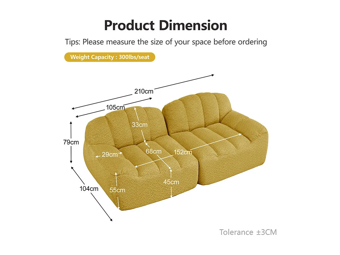 Canapé modulable 2 places en velours côtelé - 68cm d'assise profonds - 210x104x79cm - Jaune