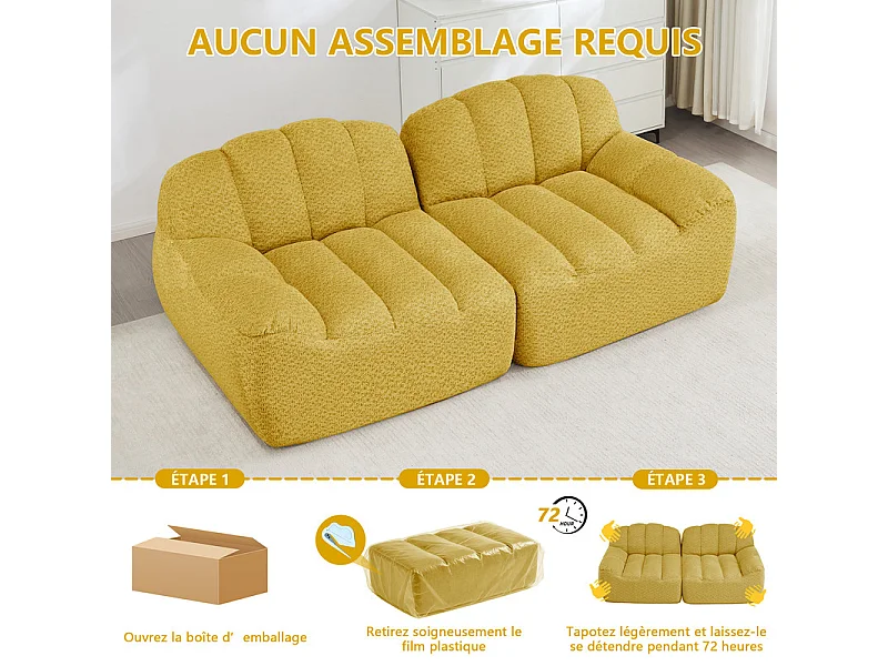 Canapé modulable 2 places en velours côtelé - 68cm d'assise profonds - 210x104x79cm - Jaune