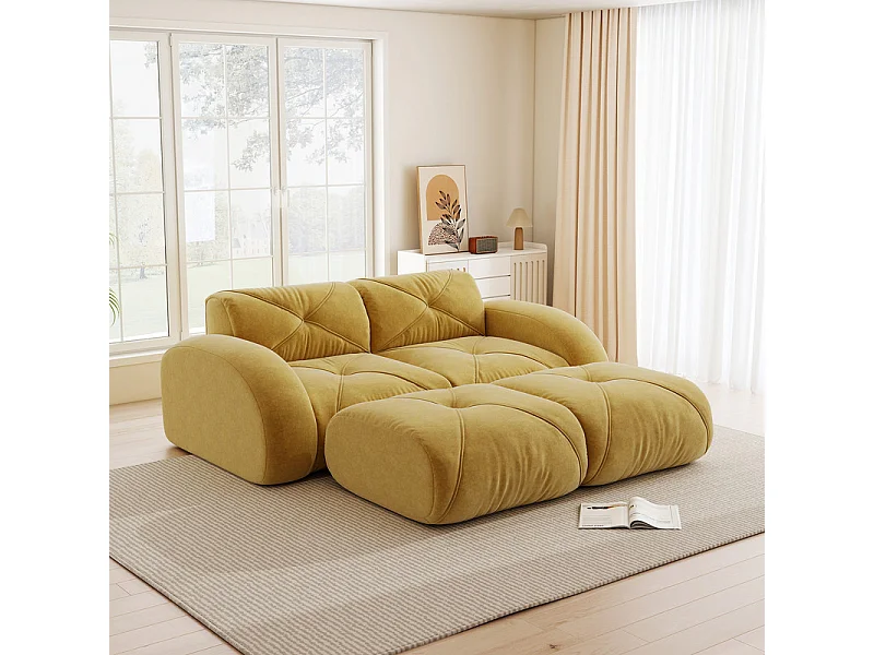 Canapé d'angle modulable en tissu chenille, 2 places, avec 2 pouf, 204x171x76cm, Jaune