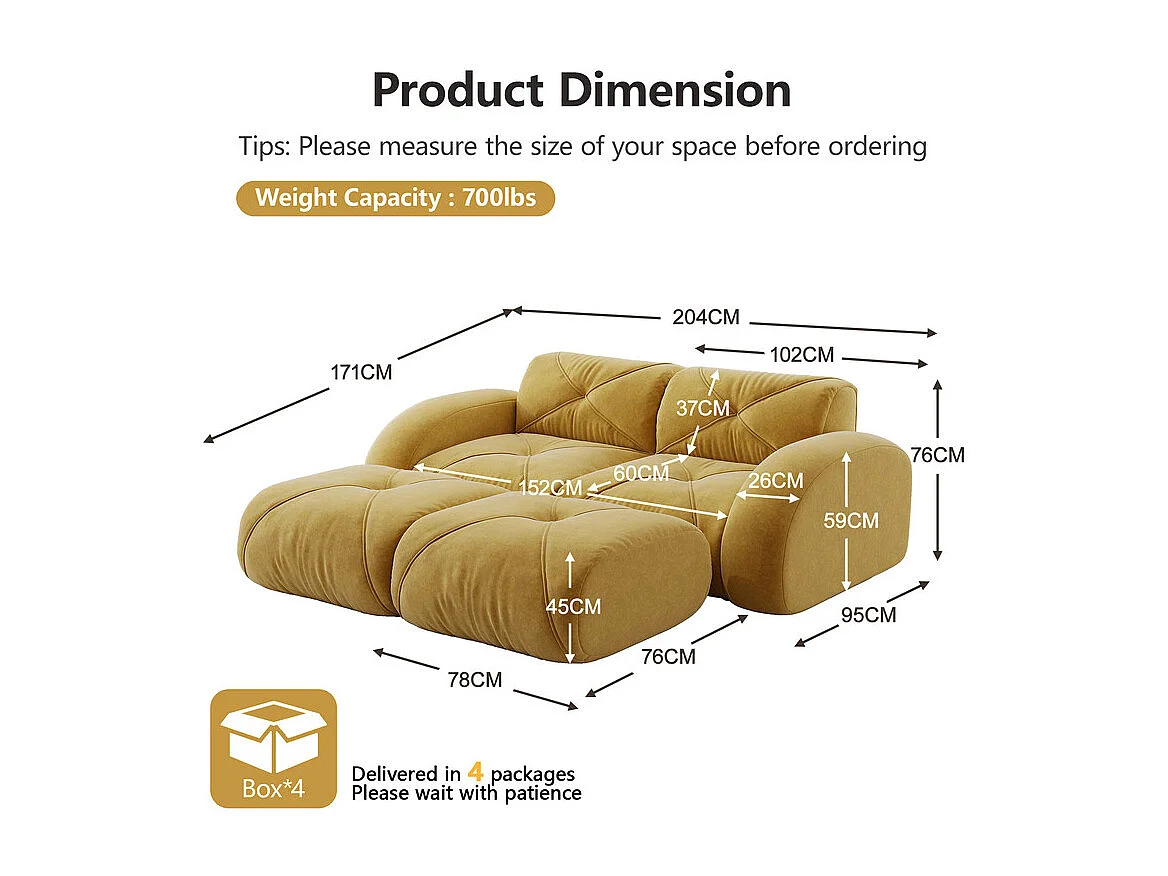 Canapé d'angle modulable en tissu chenille, 2 places, avec 2 pouf, 204x171x76cm, Jaune
