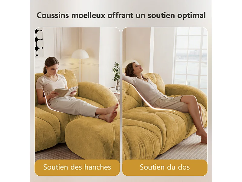 Canapé d'angle modulable en tissu chenille, 2 places, avec 2 pouf, 204x171x76cm, Jaune