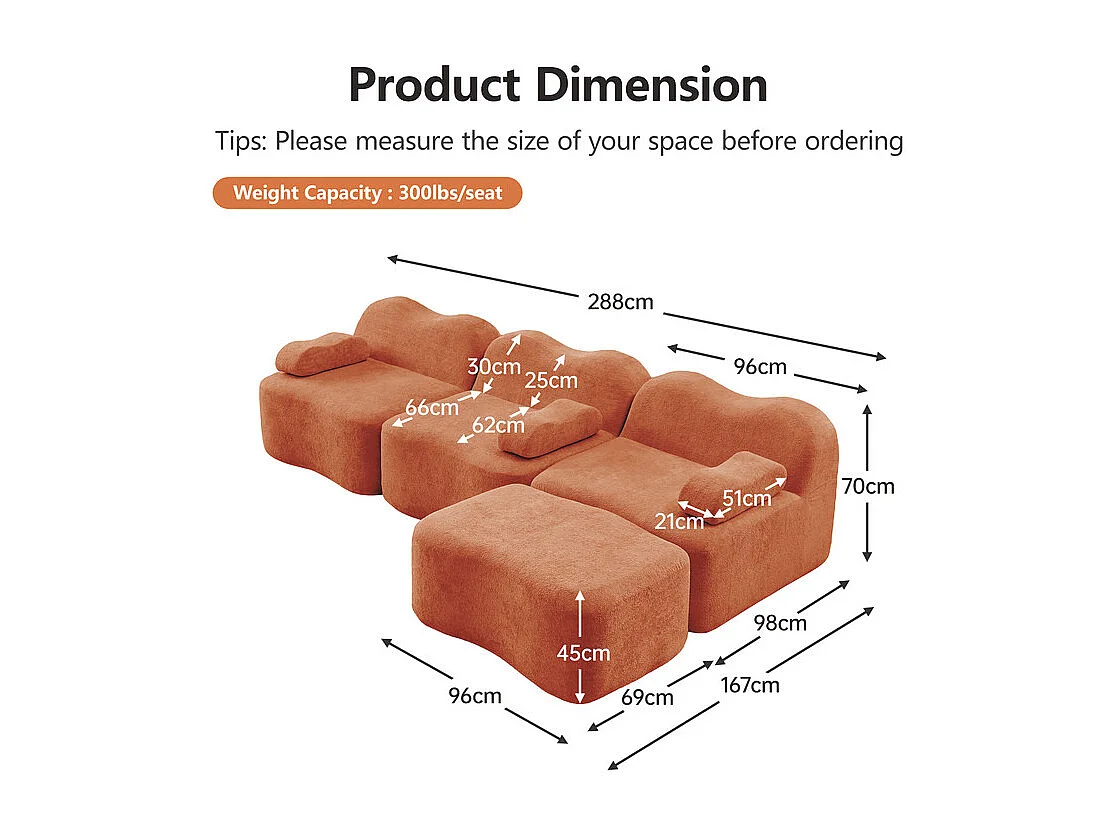 Canapé d'angle modulable en velours, avec pouf et coussin d'accoudoir, 288x167x70cm, Orange