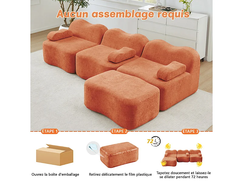 Canapé d'angle modulable en velours, avec pouf et coussin d'accoudoir, 288x167x70cm, Orange