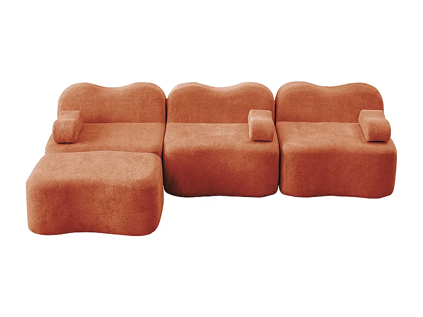 Canapé d'angle modulable en velours, avec pouf et coussin d'accoudoir, 288x167x70cm, Orange