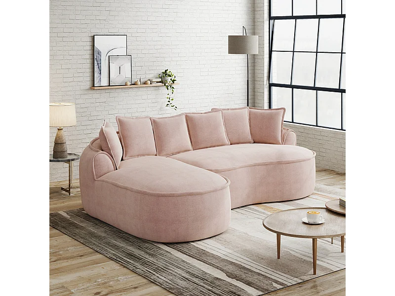 Canapé d'angle gauche modulable en tissu chenille, avec méridienne et coussins, 252x164x67cm, Rose