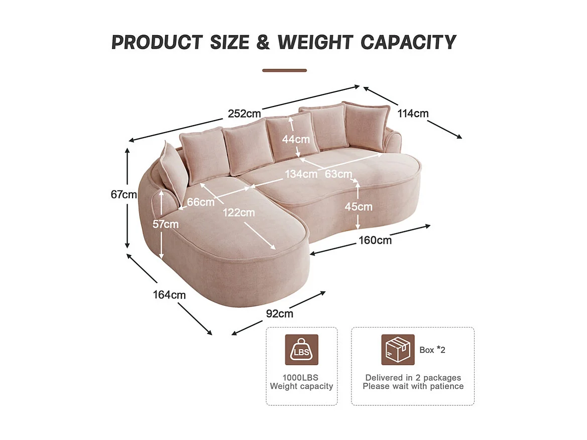 Canapé d'angle gauche modulable en tissu chenille, avec méridienne et coussins, 252x164x67cm, Rose