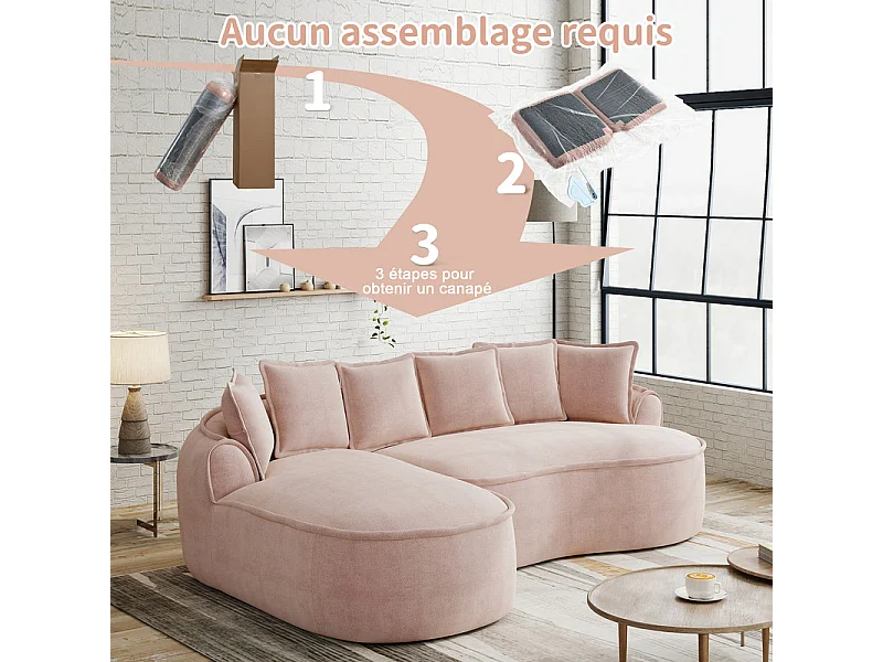 Canapé d'angle gauche modulable en tissu chenille, avec méridienne et coussins, 252x164x67cm, Rose