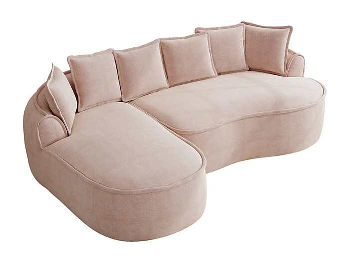 Canapé d'angle gauche modulable en tissu chenille, avec méridienne et coussins, 252x164x67cm, Rose