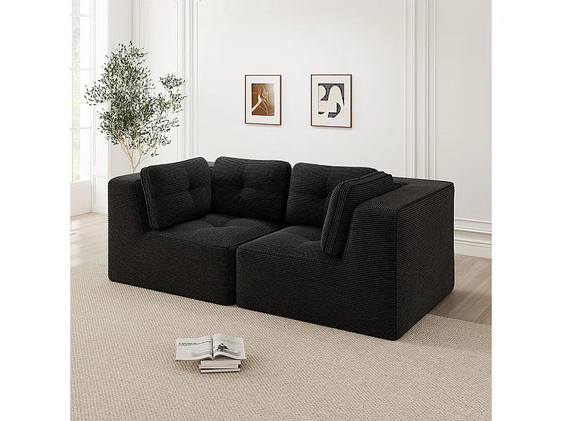 Canapé 2 places modulable en velours côtelé noir - avec 4 coussins - 208x104x69cm