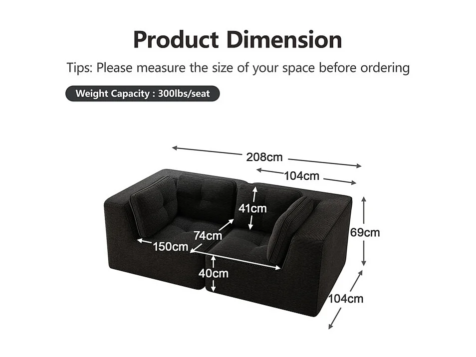 Canapé 2 places modulable en velours côtelé noir - avec 4 coussins - 208x104x69cm