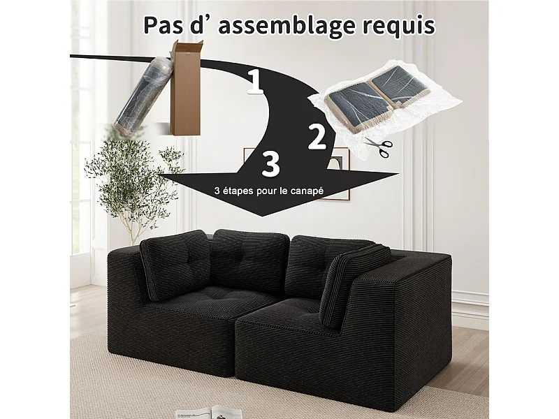 Canapé 2 places modulable en velours côtelé noir - avec 4 coussins - 208x104x69cm