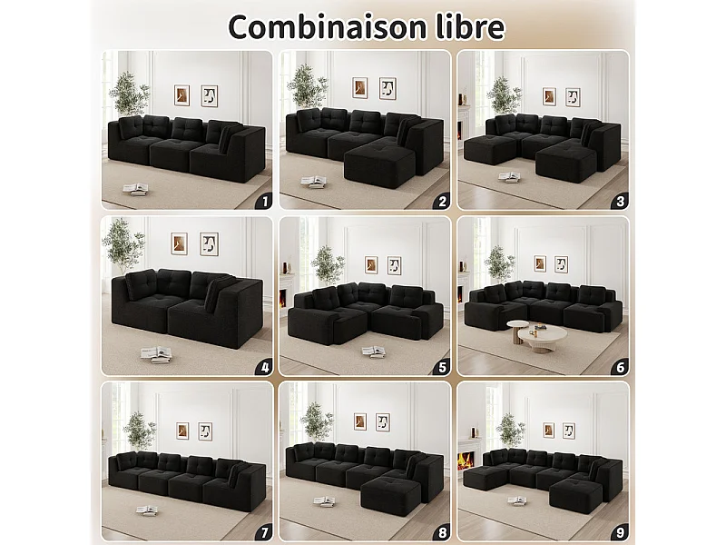 Canapé 2 places modulable en velours côtelé noir - avec 4 coussins - 208x104x69cm