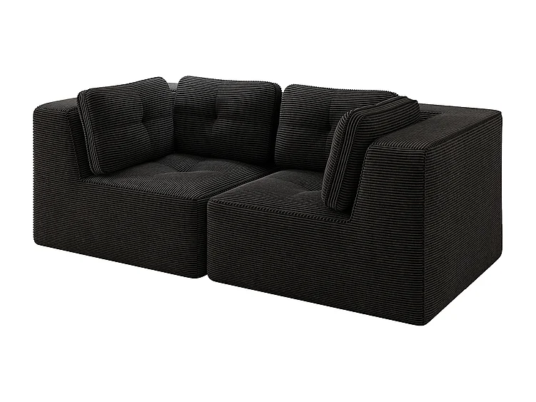 Canapé 2 places modulable en velours côtelé noir - avec 4 coussins - 208x104x69cm