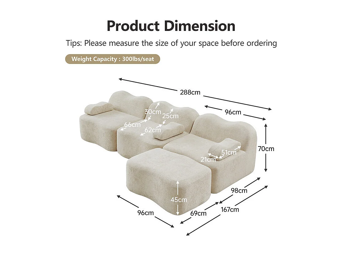 Canapé d'angle modulable en velours, avec pouf et coussin d'accoudoir, 288x167x70cm, Beige