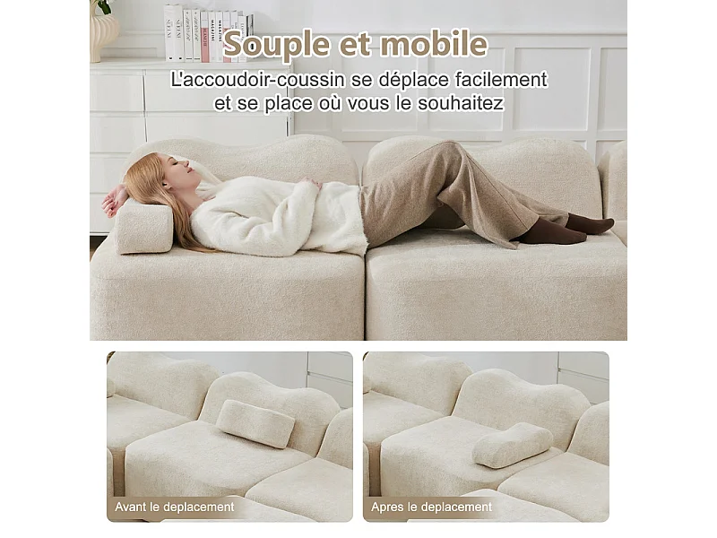 Canapé d'angle modulable en velours, avec pouf et coussin d'accoudoir, 288x167x70cm, Beige