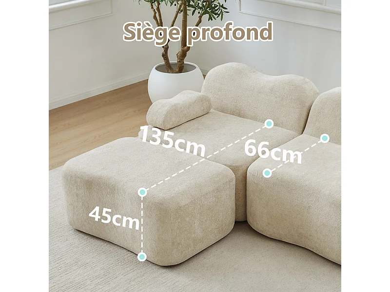 Canapé d'angle modulable en velours, avec pouf et coussin d'accoudoir, 288x167x70cm, Beige