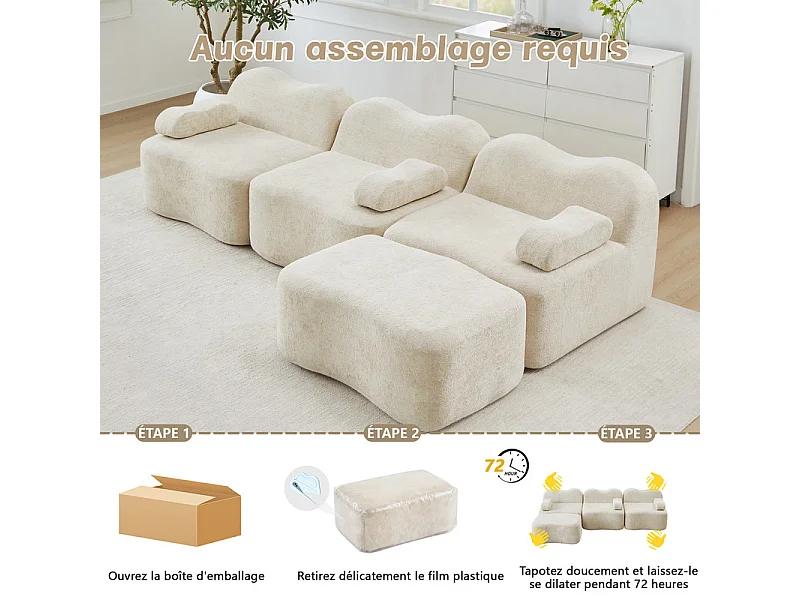 Canapé d'angle modulable en velours, avec pouf et coussin d'accoudoir, 288x167x70cm, Beige