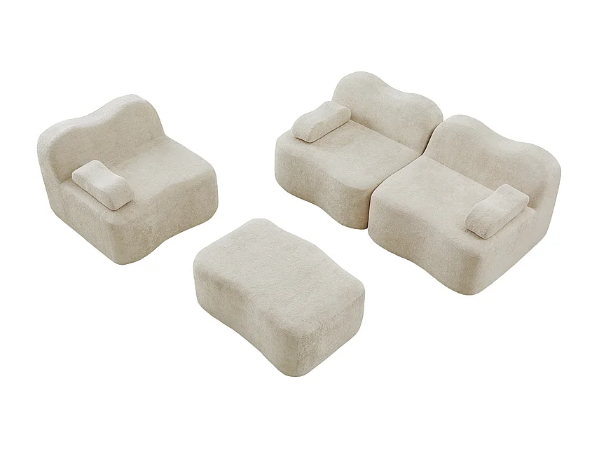 Canapé d'angle modulable en velours, avec pouf et coussin d'accoudoir, 288x167x70cm, Beige