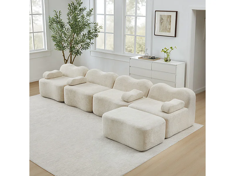 Modulaire hoekbank van fluweel - 4-zits - met poef en armleuningskussen - 384x167x70cm - Beige