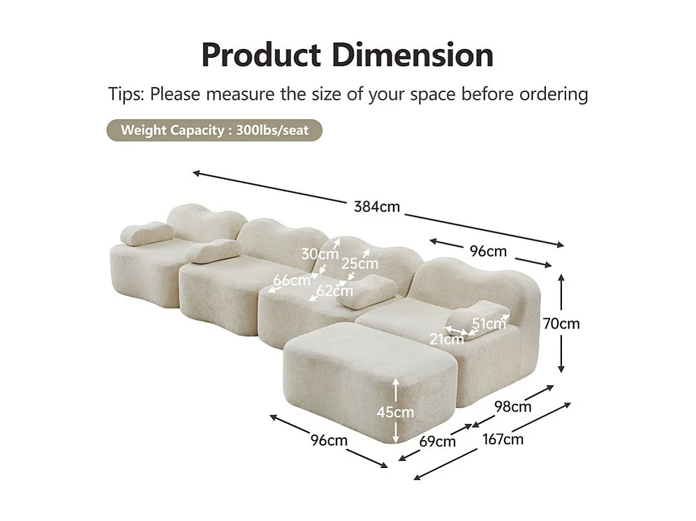 Modulaire hoekbank van fluweel - 4-zits - met poef en armleuningskussen - 384x167x70cm - Beige