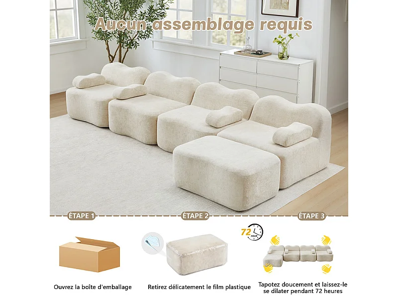 Modulaire hoekbank van fluweel - 4-zits - met poef en armleuningskussen - 384x167x70cm - Beige