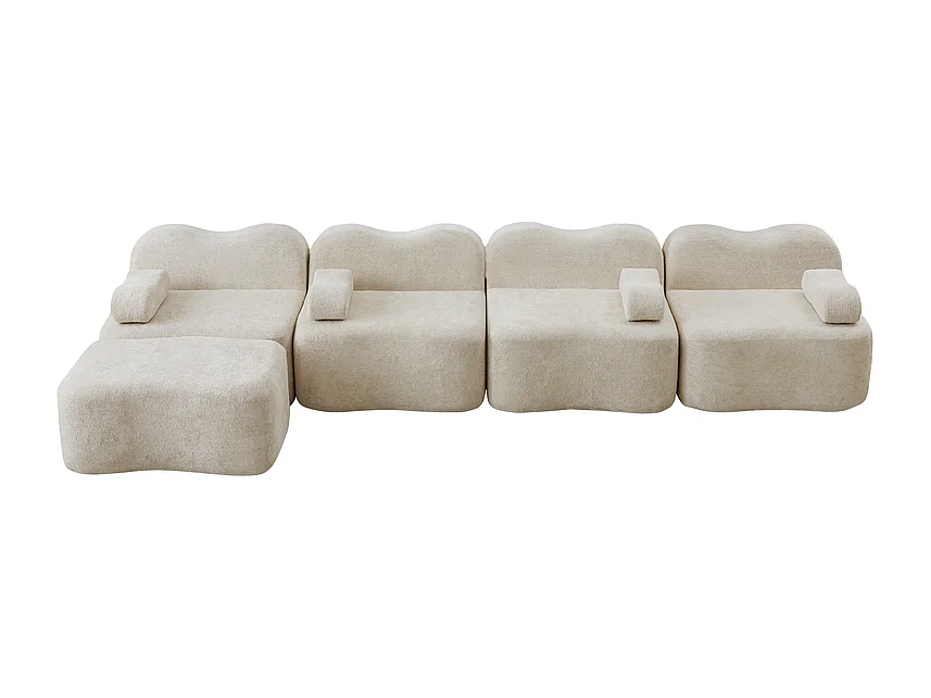 Modulaire hoekbank van fluweel - 4-zits - met poef en armleuningskussen - 384x167x70cm - Beige