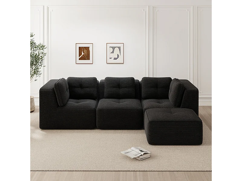 Canapé 3 places modulable, avec pouf et coussins, en velours côtelé, Noir, 297x177x69cm