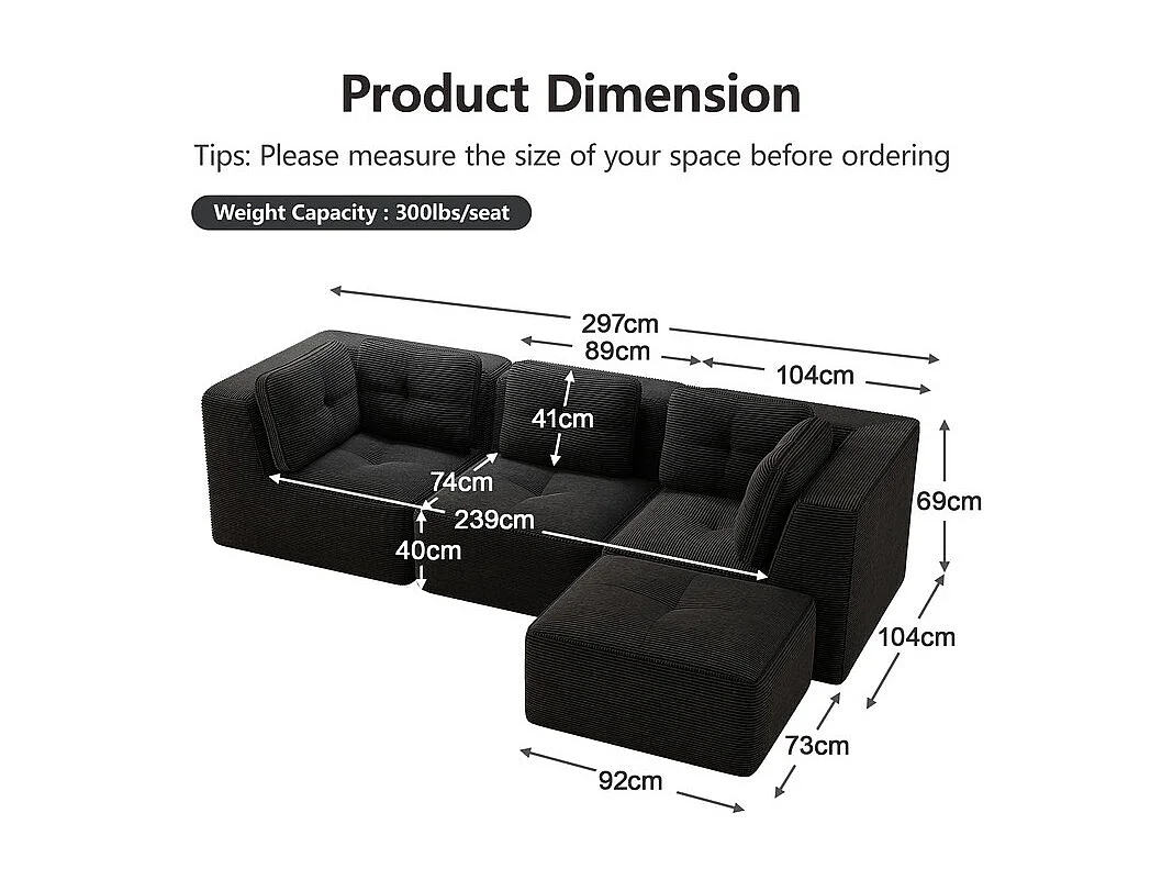 Canapé 3 places modulable, avec pouf et coussins, en velours côtelé, Noir, 297x177x69cm