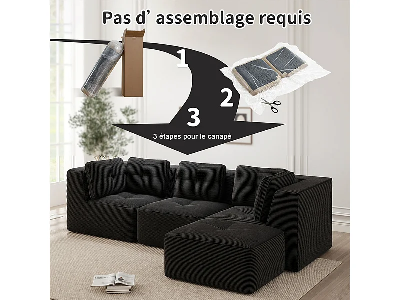 Canapé 3 places modulable, avec pouf et coussins, en velours côtelé, Noir, 297x177x69cm