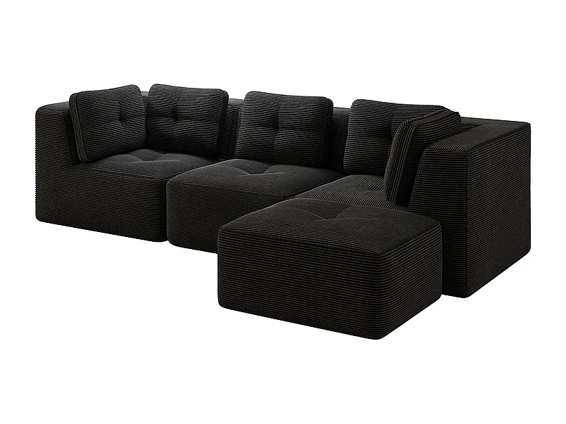 Canapé 3 places modulable, avec pouf et coussins, en velours côtelé, Noir, 297x177x69cm
