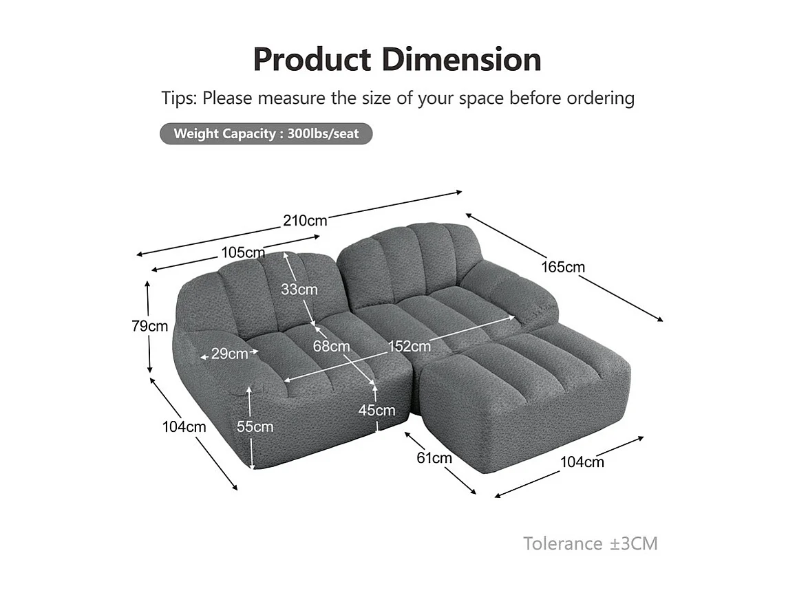 Canapé d'angle modulable en velours côtelé - 68cm d'assise profonds - 210x165x79cm - Gris
