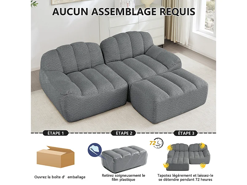 Canapé d'angle modulable en velours côtelé - 68cm d'assise profonds - 210x165x79cm - Gris