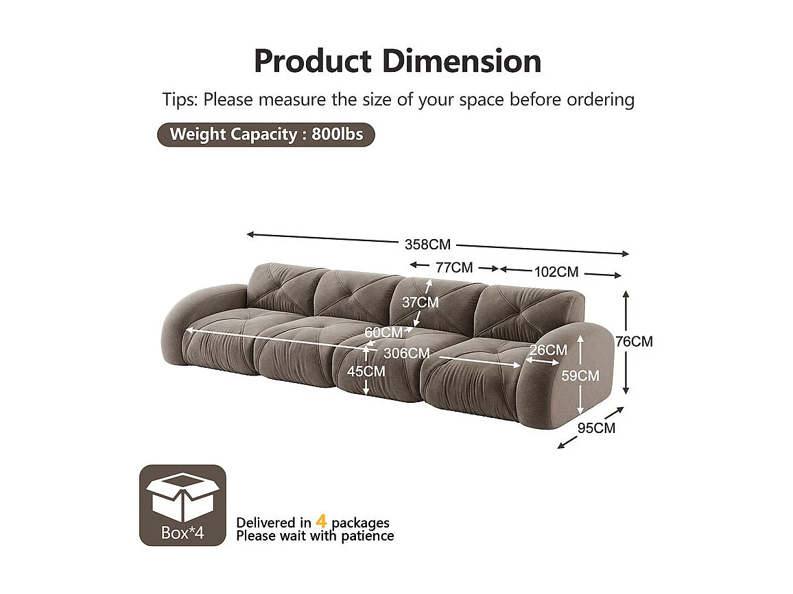 Canapé 4 places modulable en tissu chenille, 358x95x76cm, Marron