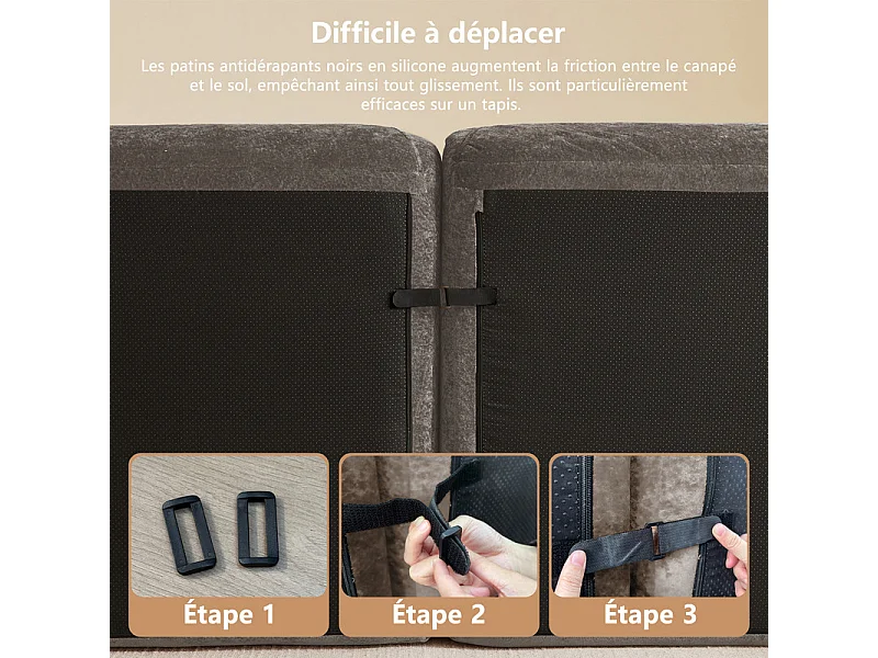 Canapé 4 places modulable en tissu chenille, 358x95x76cm, Marron