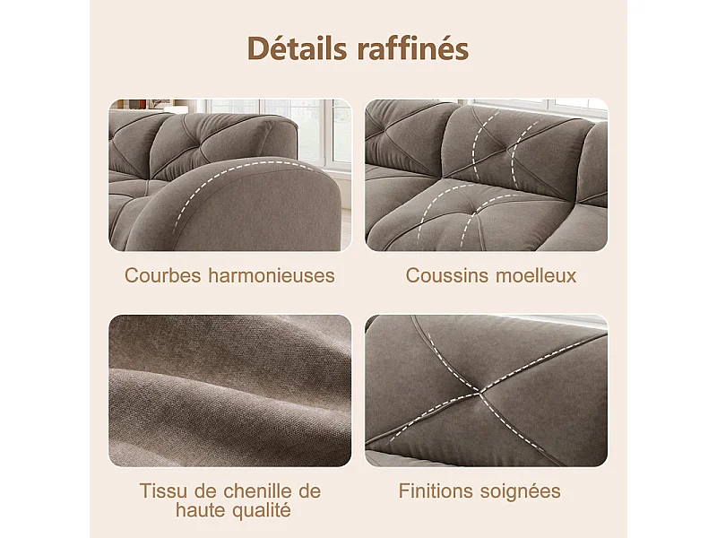 Canapé 4 places modulable en tissu chenille, 358x95x76cm, Marron