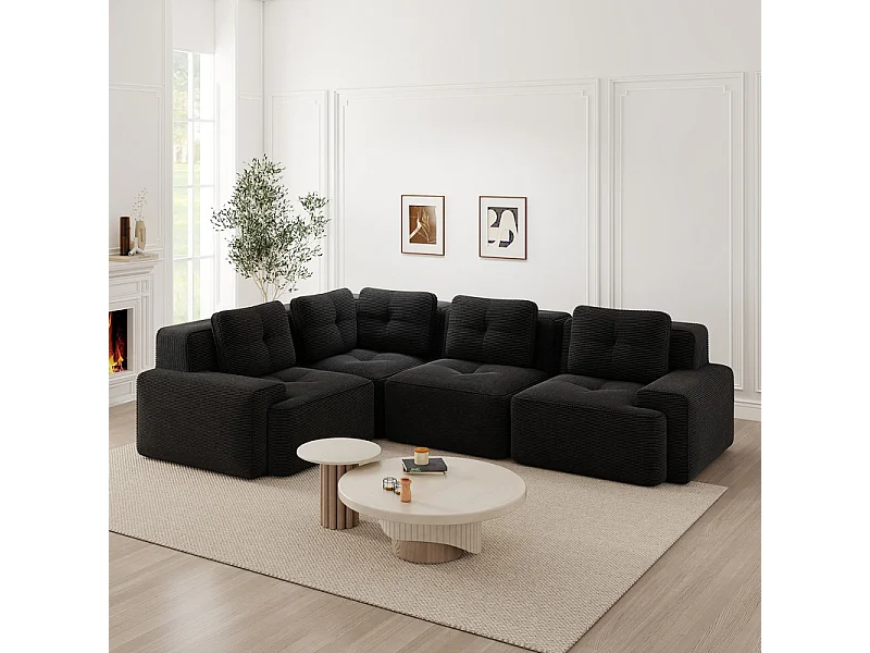 Canapé d'angle gauche modulable en velours côtelé - 4 places - avec 5 coussins - 382x177x69cm - Noir