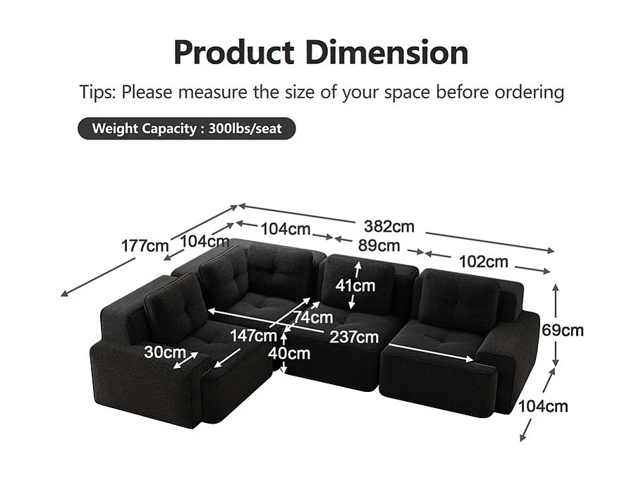 Canapé d'angle gauche modulable en velours côtelé - 4 places - avec 5 coussins - 382x177x69cm - Noir