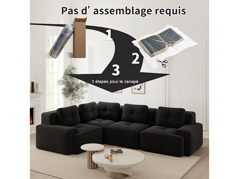 Canapé d'angle gauche modulable en velours côtelé - 4 places - avec 5 coussins - 382x177x69cm - Noir