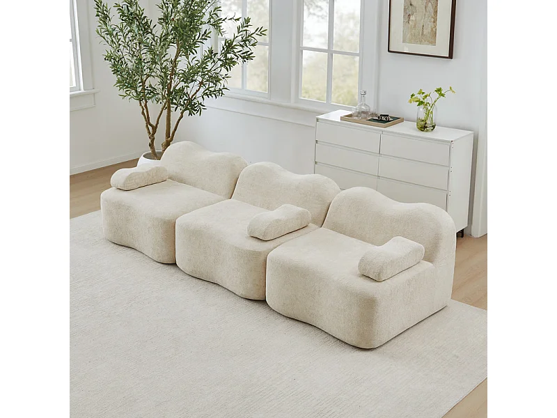 Canapé 3 places modulable forme vague en velours, avec coussin d'accoudoir, 288x98x70cm, Beige