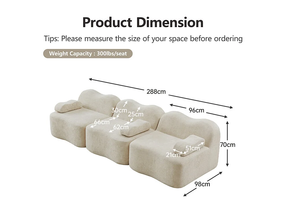 Canapé 3 places modulable forme vague en velours, avec coussin d'accoudoir, 288x98x70cm, Beige